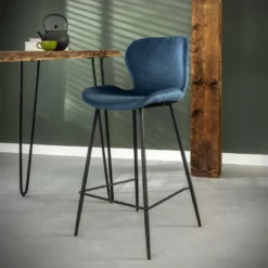 Giga Meubel Barstoel Velvet - Blauw - Stoel Ronde Buis -Puur Woood Winkel 1000052100 0103