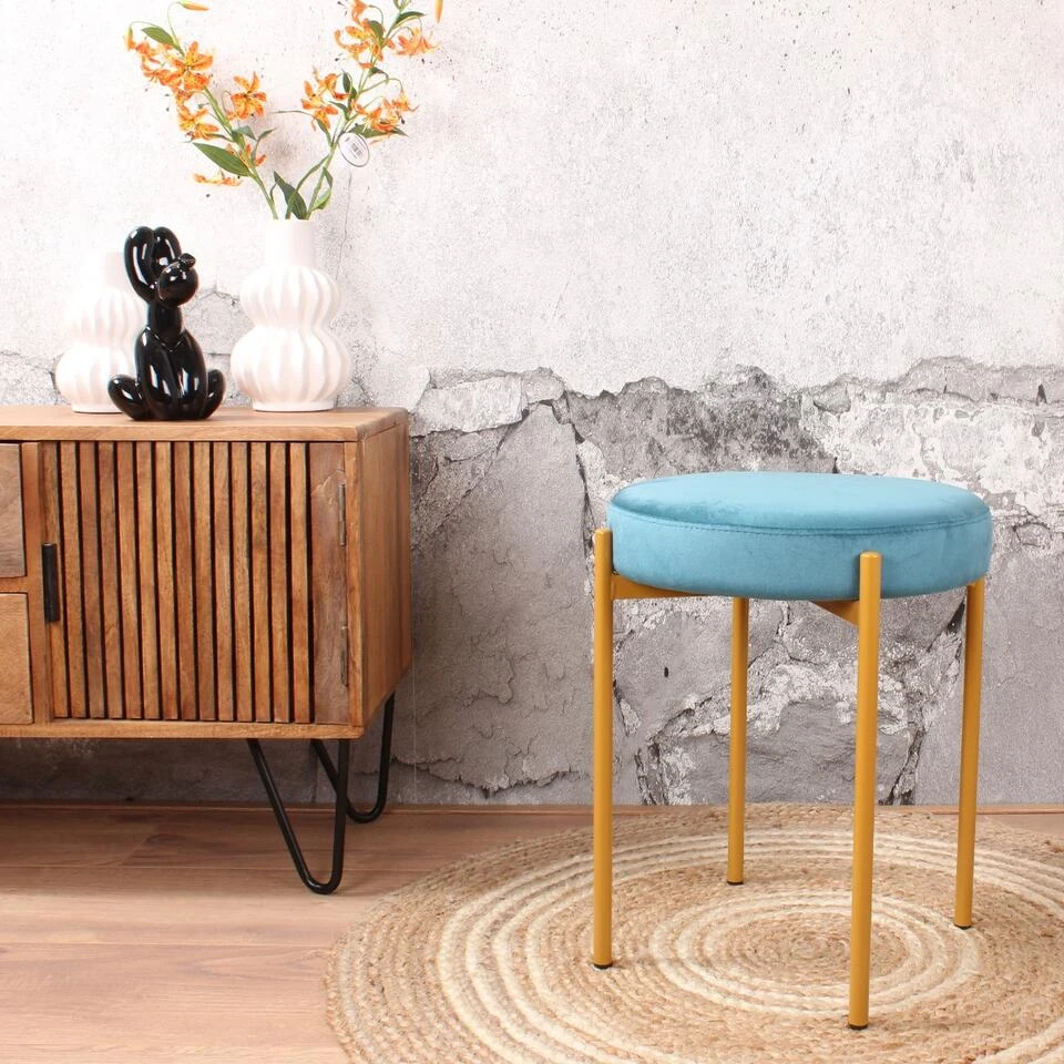 DS4U® Mika Velvet Kruk - Stof - Blauw 2 DS4U® Mika Velvet Kruk - Stof - Blauw - Afbeelding 2