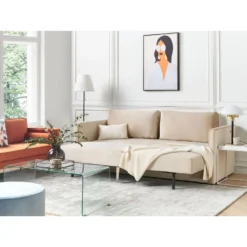 Beliani Driezitsbank - EKSJO Beige Fluweel -Puur Woood Winkel dff2f80b2ba647caaf5c876742e3d835